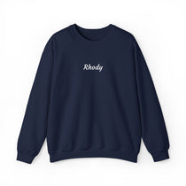 BlockBoundRI navy Rhode Island sweatshirt with white Rhody script across the chest, front view