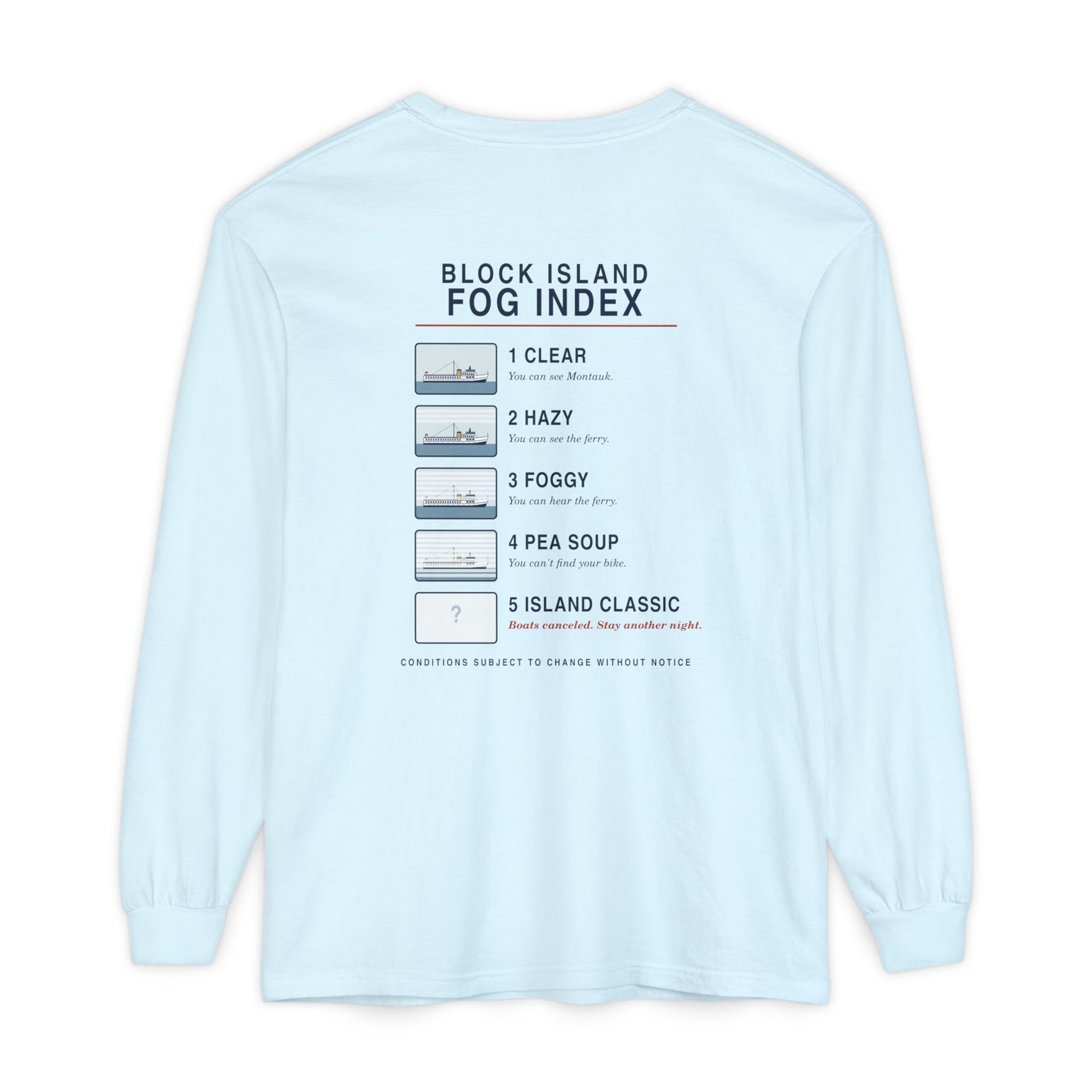 Block Island Fog Index long sleeve: five fog levels from Clear to Island Classic with ferry illustrations — view 23