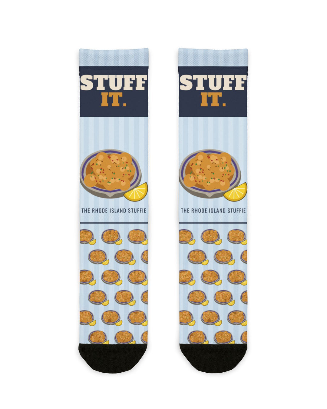Stuff It. Rhode Island socks with a stuffed quahog and lemon and The Rhode Island Stuffie text, flat lay front