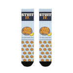 Stuff It. Rhode Island socks with a stuffed quahog and lemon and The Rhode Island Stuffie text, flat lay front