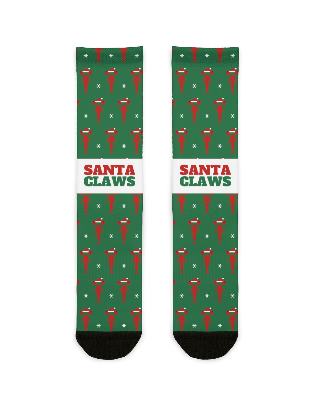 BlockBoundRI Santa Claws Christmas socks, green with red lobsters in Santa hats, flat lay front