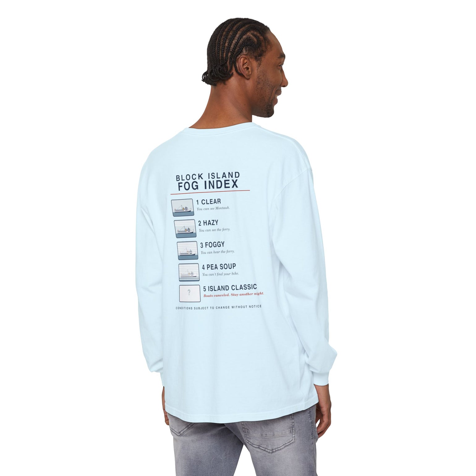 Block Island Fog Index long sleeve: five fog levels from Clear to Island Classic with ferry illustrations — view 25