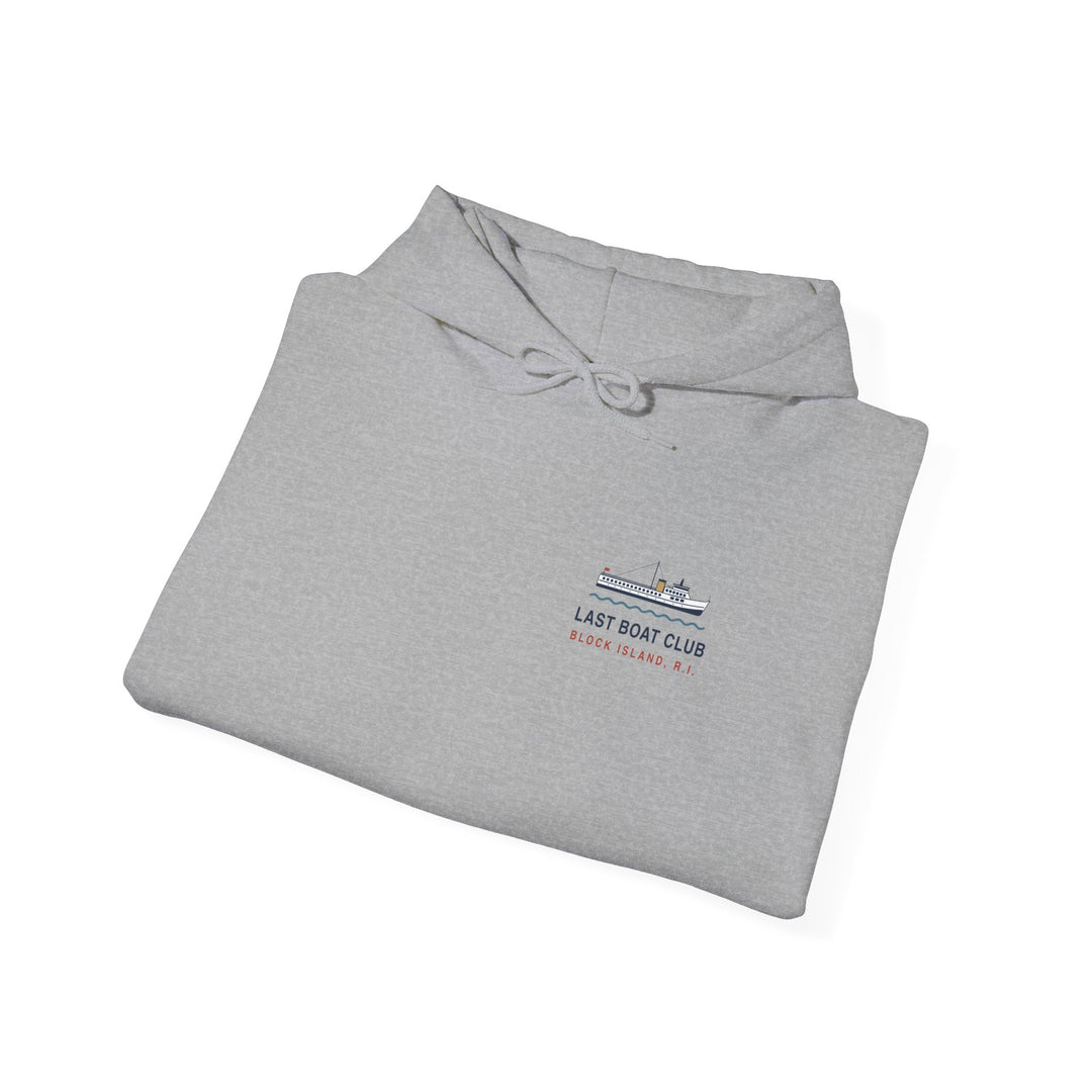 Last Boat Club hoodie: M/V BLOCK ISLAND ferry against a striped sunset, Block Island R.I. — view 33
