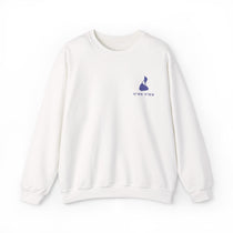 BlockBoundRI White Block Island sweatshirt front with purple island and coordinates embroidered on the left chest