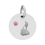 Round engraved Block Island charm with a cubic zirconia birthstone