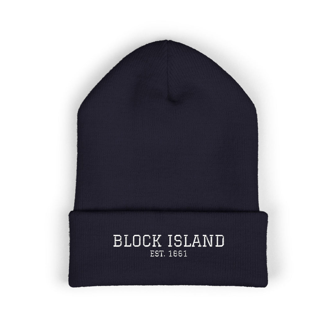 Block Island Embroidered Cuffed Beanie in Navy, BlockBoundRI