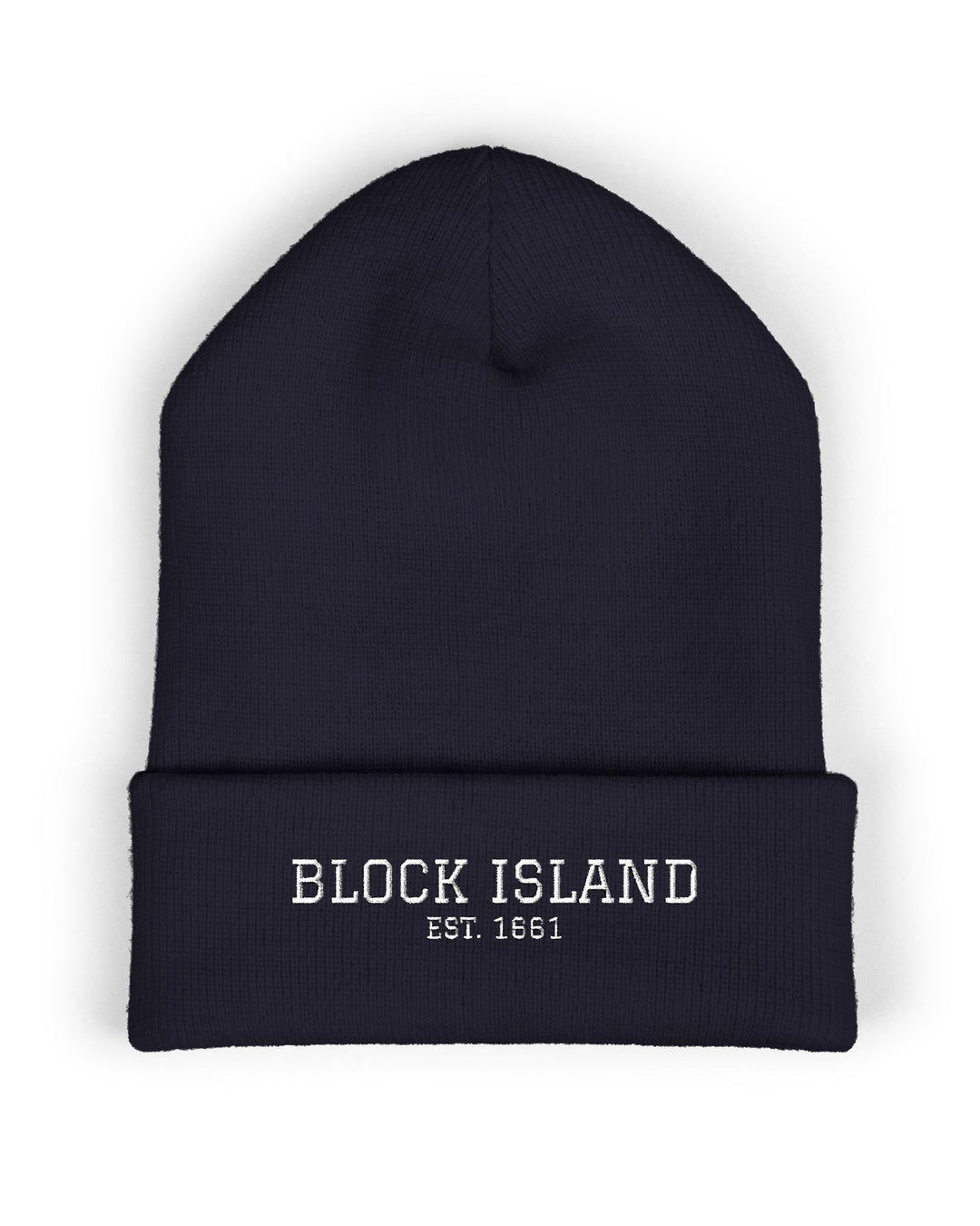 BlockBoundRI navy Block Island beanie, front of the cuff with white Block Island Est. 1661 embroidery