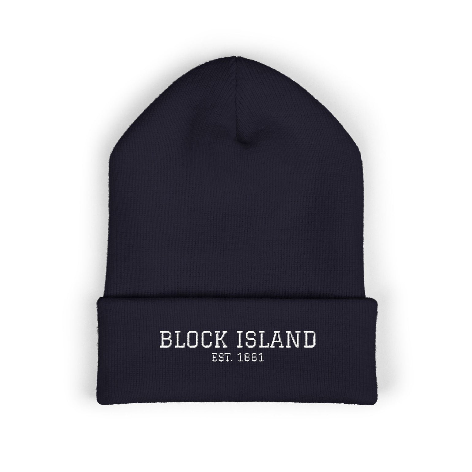 Block Island Embroidered Cuffed Beanie in Navy, BlockBoundRI