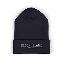 BlockBoundRI navy Block Island beanie, front of the cuff with white Block Island Est. 1661 embroidery