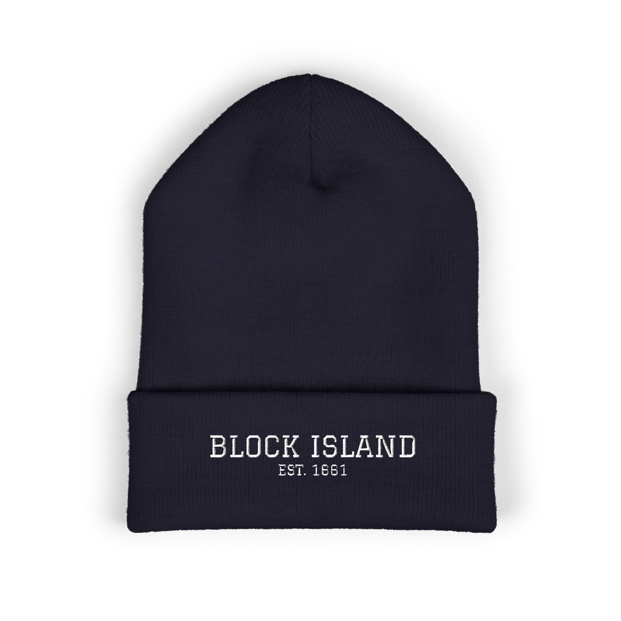 Block Island Embroidered Cuffed Beanie in Navy, BlockBoundRI