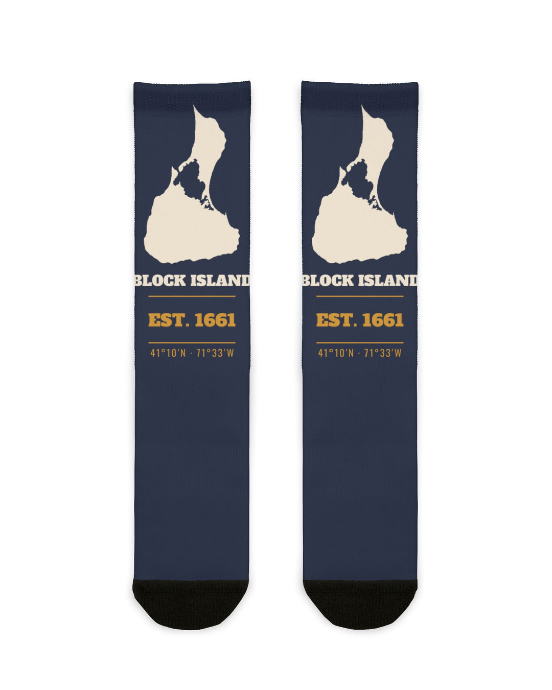 Block Island Est. 1661 socks in navy with cream island map, gold Est. 1661 and coordinates, flat lay