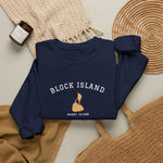 Crewneck sweatshirt with BLOCK ISLAND embroidered in arched varsity letters over a stitched Block Island map and RHODE ISLAND