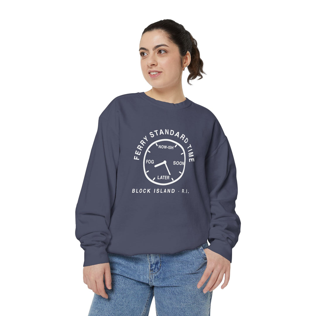Ferry Standard Time crewneck: white clock face reading Now-ish, Soon, Later and Fog, Block Island R.I. — view 22