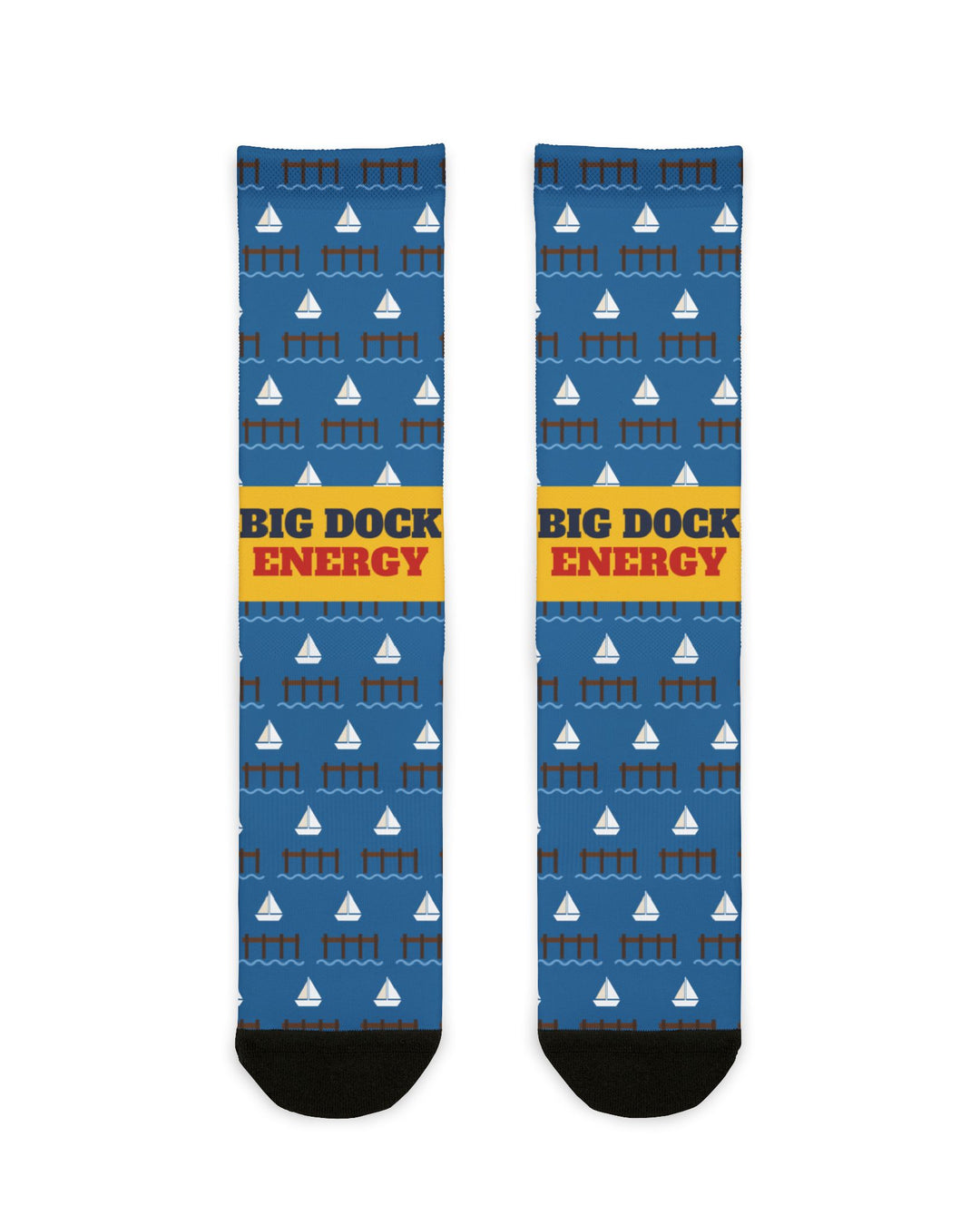 BlockBoundRI Big Dock Energy nautical crew socks flat lay, blue with white sailboats, docks and a yellow band
