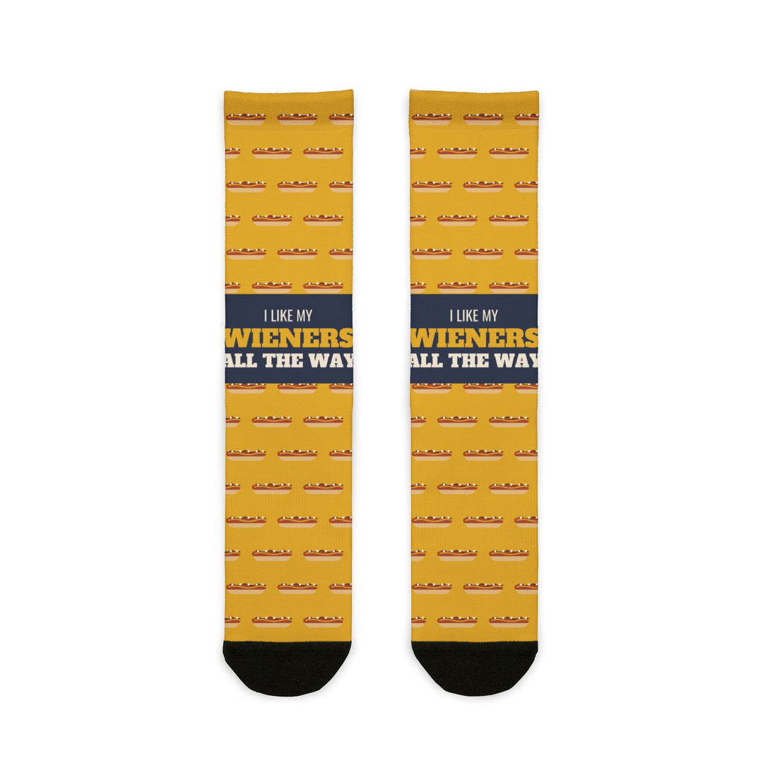 I Like My Wieners All the Way socks flat lay front, mustard yellow with hot wiener print and navy band