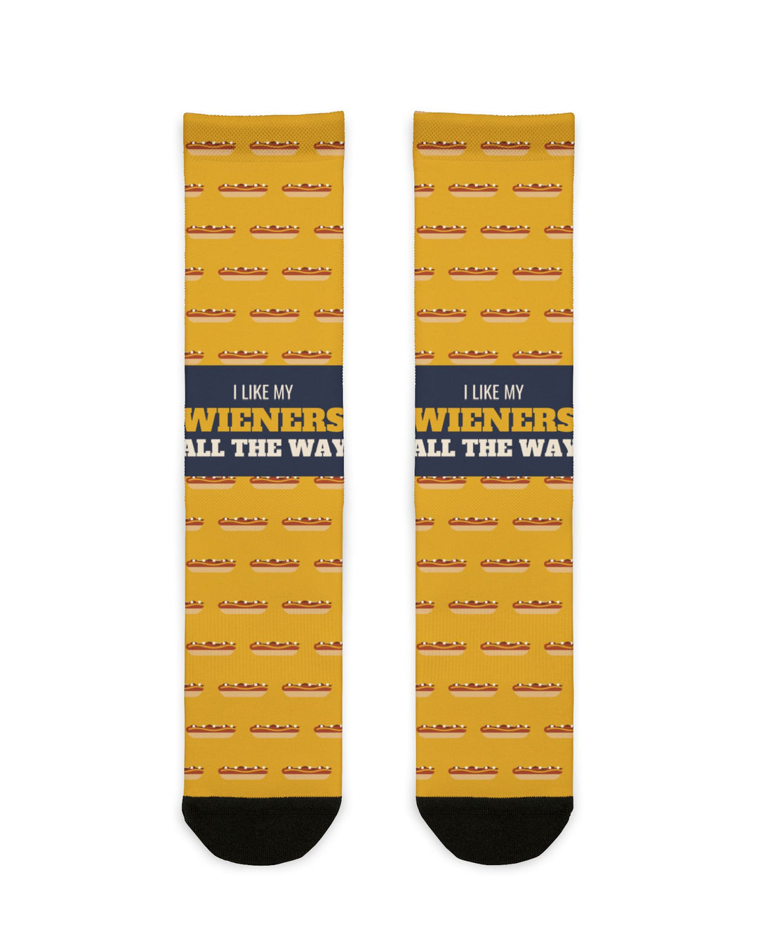 I Like My Wieners All the Way socks flat lay front, mustard yellow with hot wiener print and navy band