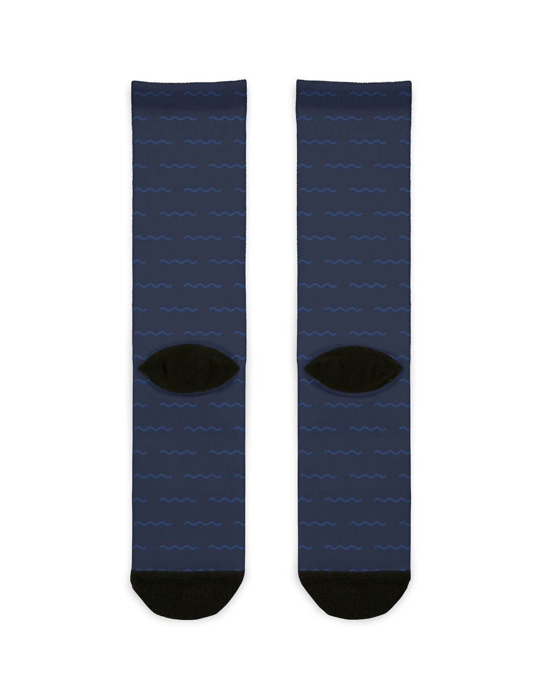 Back of navy Block Island map socks showing black heels, Block Island socks flat lay