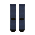 Back of navy Block Island map socks showing black heels, Block Island socks flat lay