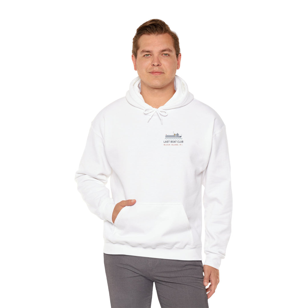 Last Boat Club hoodie: M/V BLOCK ISLAND ferry against a striped sunset, Block Island R.I. — view 14