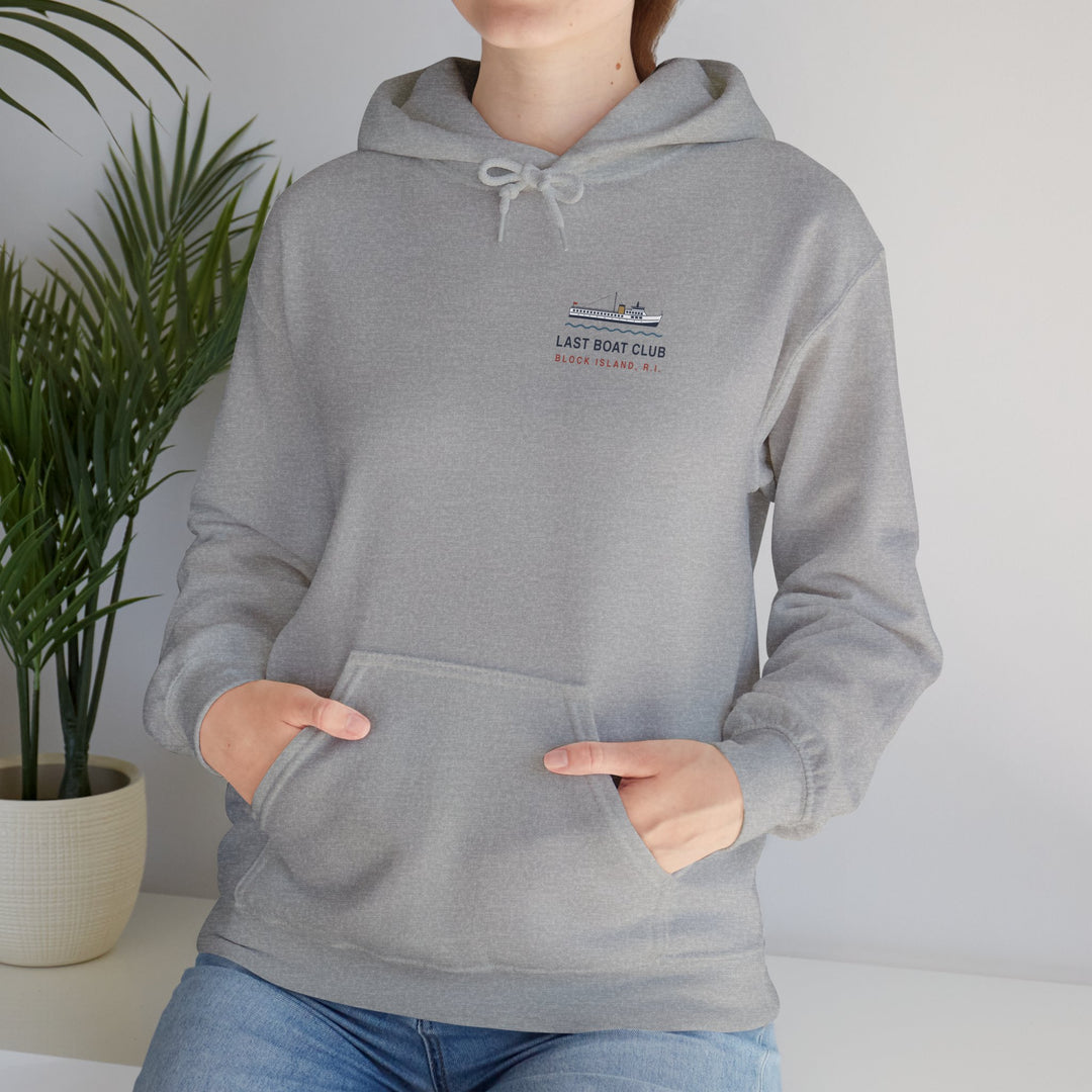 Last Boat Club hoodie: M/V BLOCK ISLAND ferry against a striped sunset, Block Island R.I. — view 35