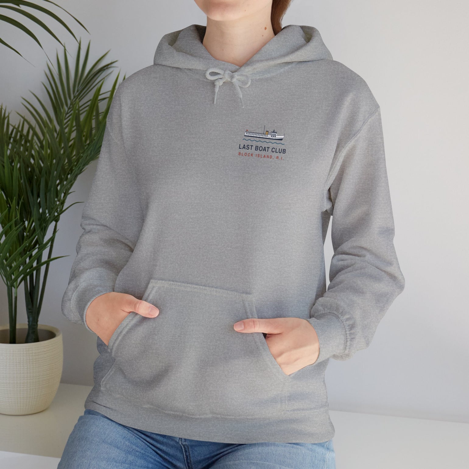 Last Boat Club hoodie: M/V BLOCK ISLAND ferry against a striped sunset, Block Island R.I. — view 35
