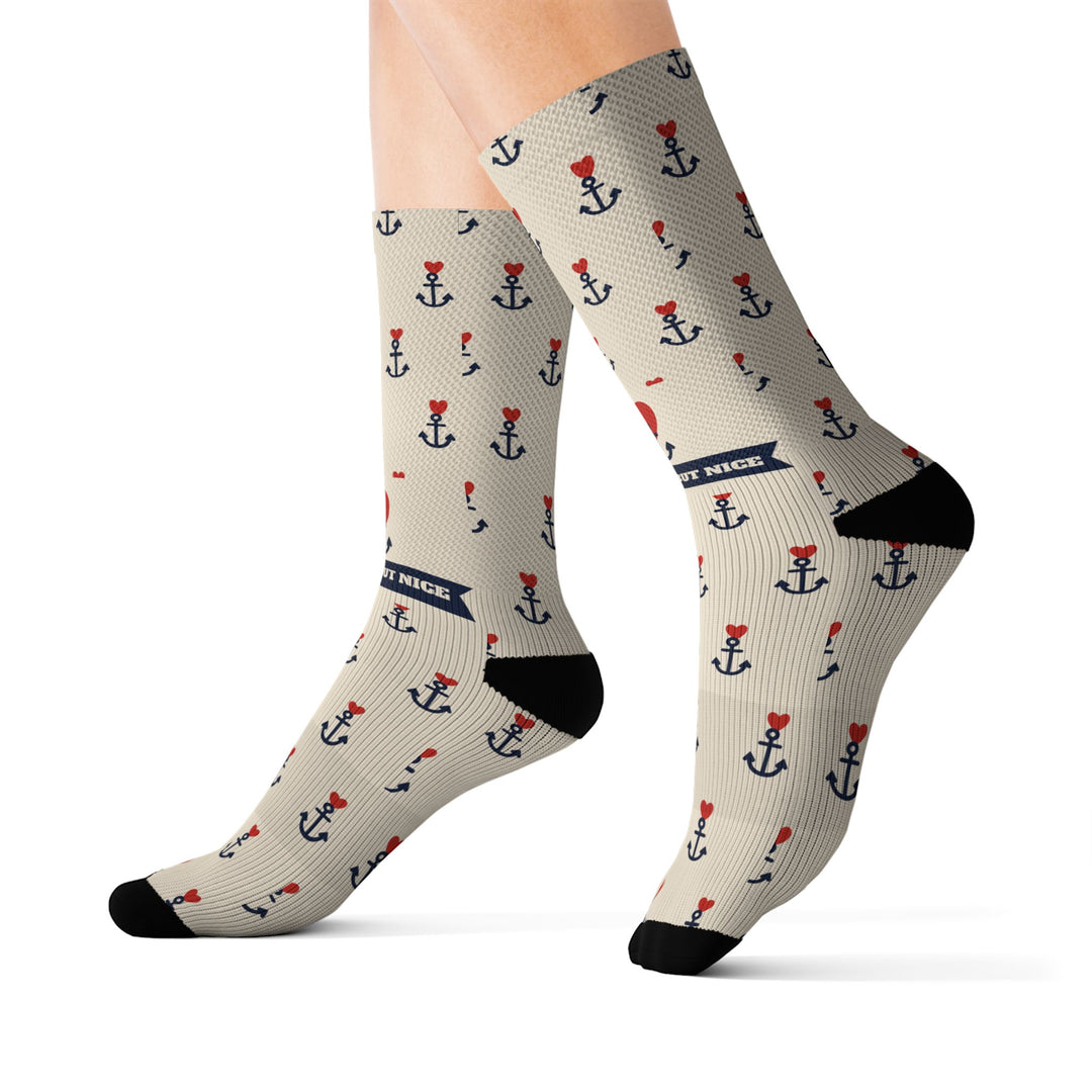 BlockBoundRI Nautical But Nice nautical crew socks, size L, tan with black anchors, red hearts and navy banner