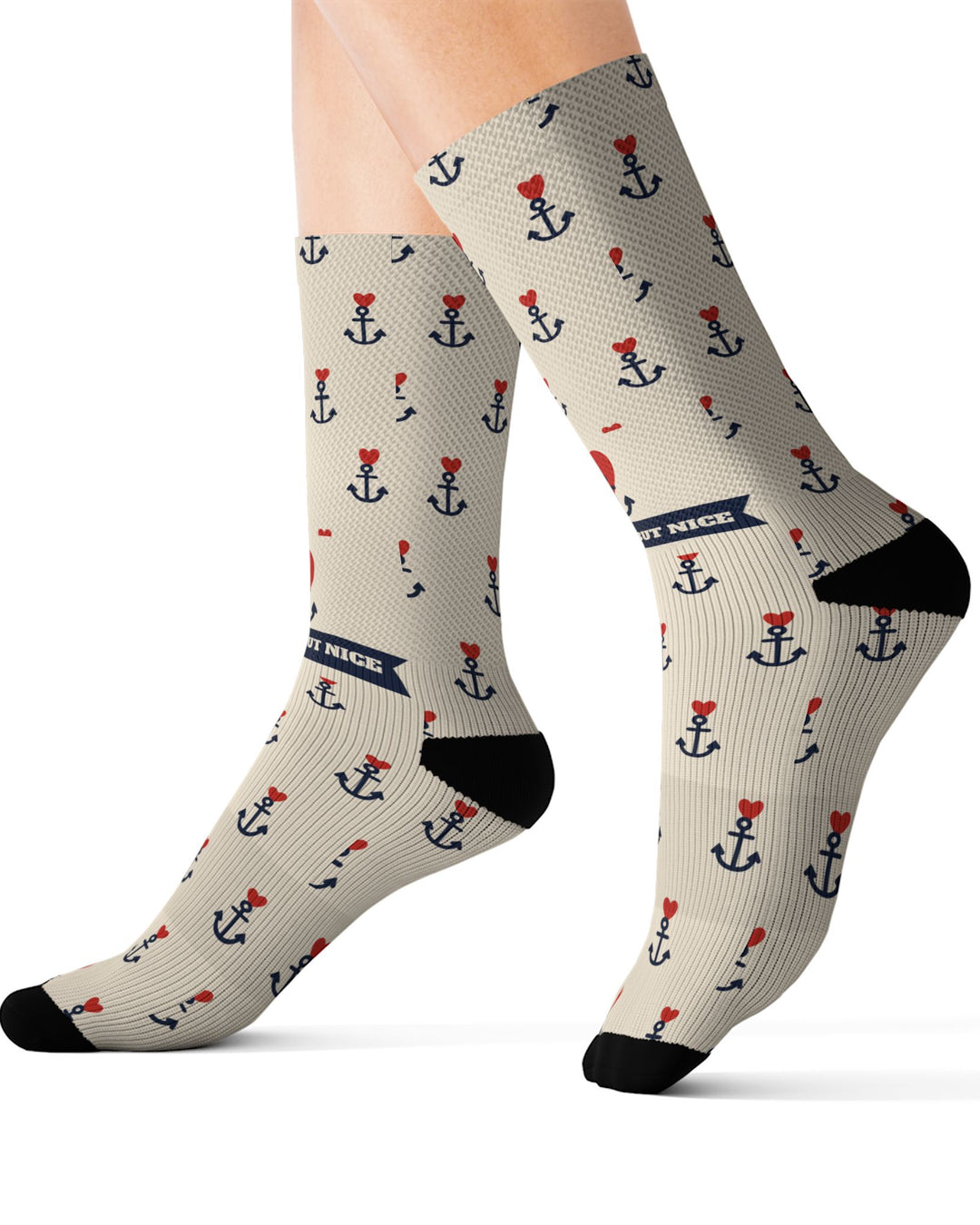 BlockBoundRI Nautical But Nice nautical crew socks, size L, tan with black anchors, red hearts and navy banner