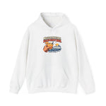 BlockBoundRI white Block Island hoodie with Missed the Ferry. Nailed Happy Hour. cocktail and ferry graphic, front view