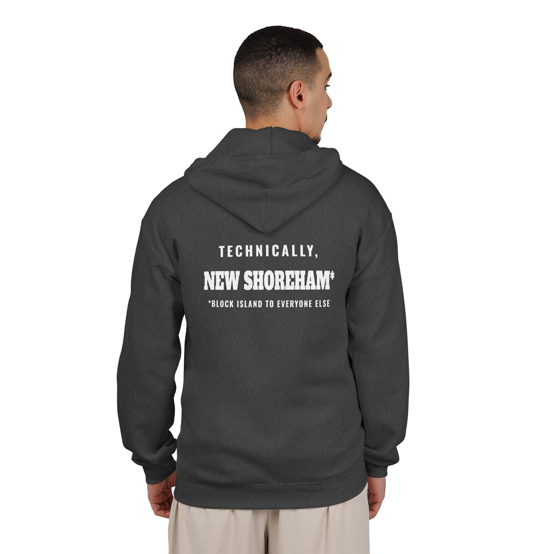 Technically New Shoreham Block Island full-zip hoodie in Dark Heather, on model, back - BlockBoundRI