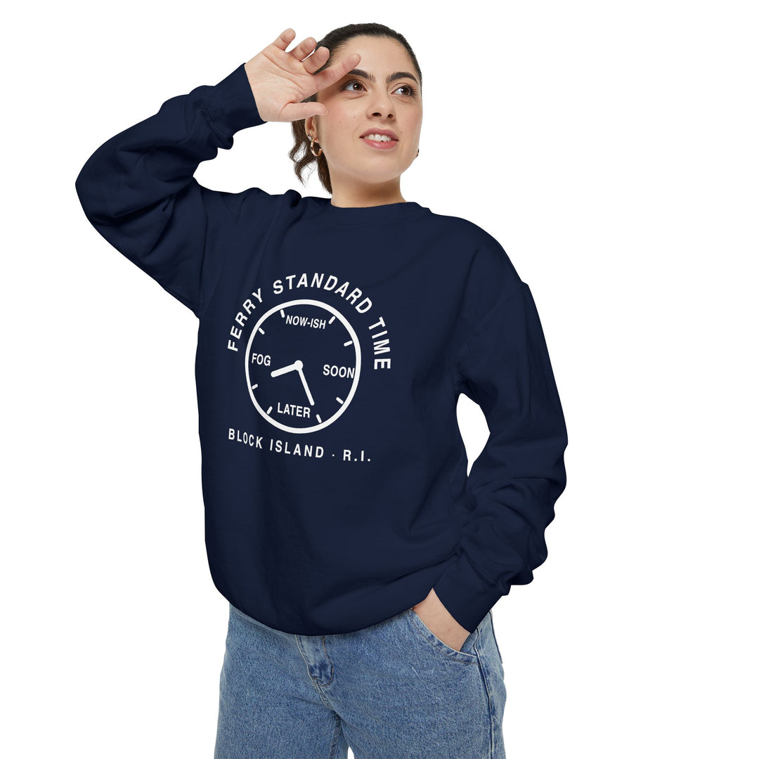 Ferry Standard Time crewneck: white clock face reading Now-ish, Soon, Later and Fog, Block Island R.I. — view 32