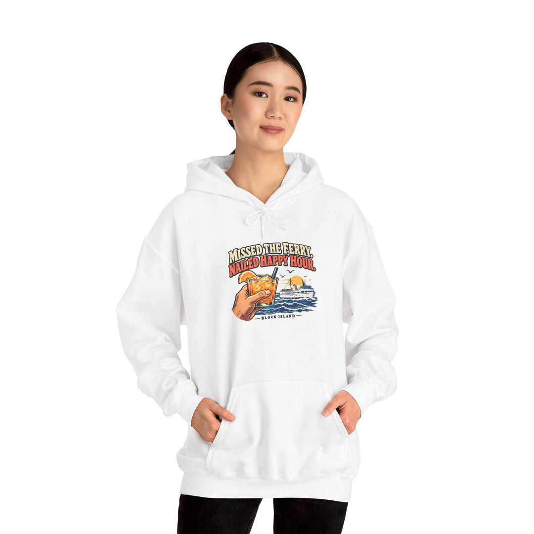 Woman in black pants wearing the white Block Island hoodie with a cocktail-in-hand and ferry print