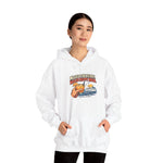 Woman in black pants wearing the white Block Island hoodie with a cocktail-in-hand and ferry print