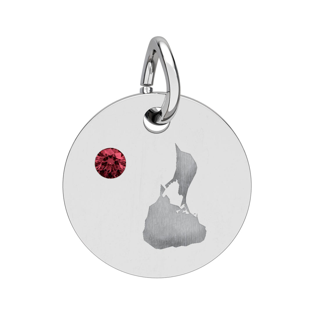Round engraved Block Island charm with a cubic zirconia birthstone