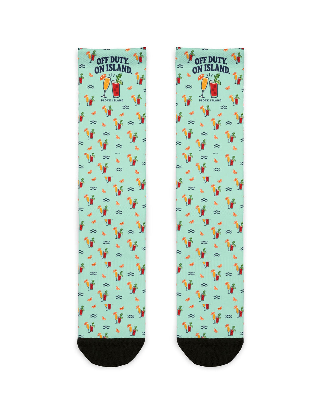 BlockBoundRI Off Duty. On Island. Block Island socks flat lay, mint green with cocktail glasses pattern