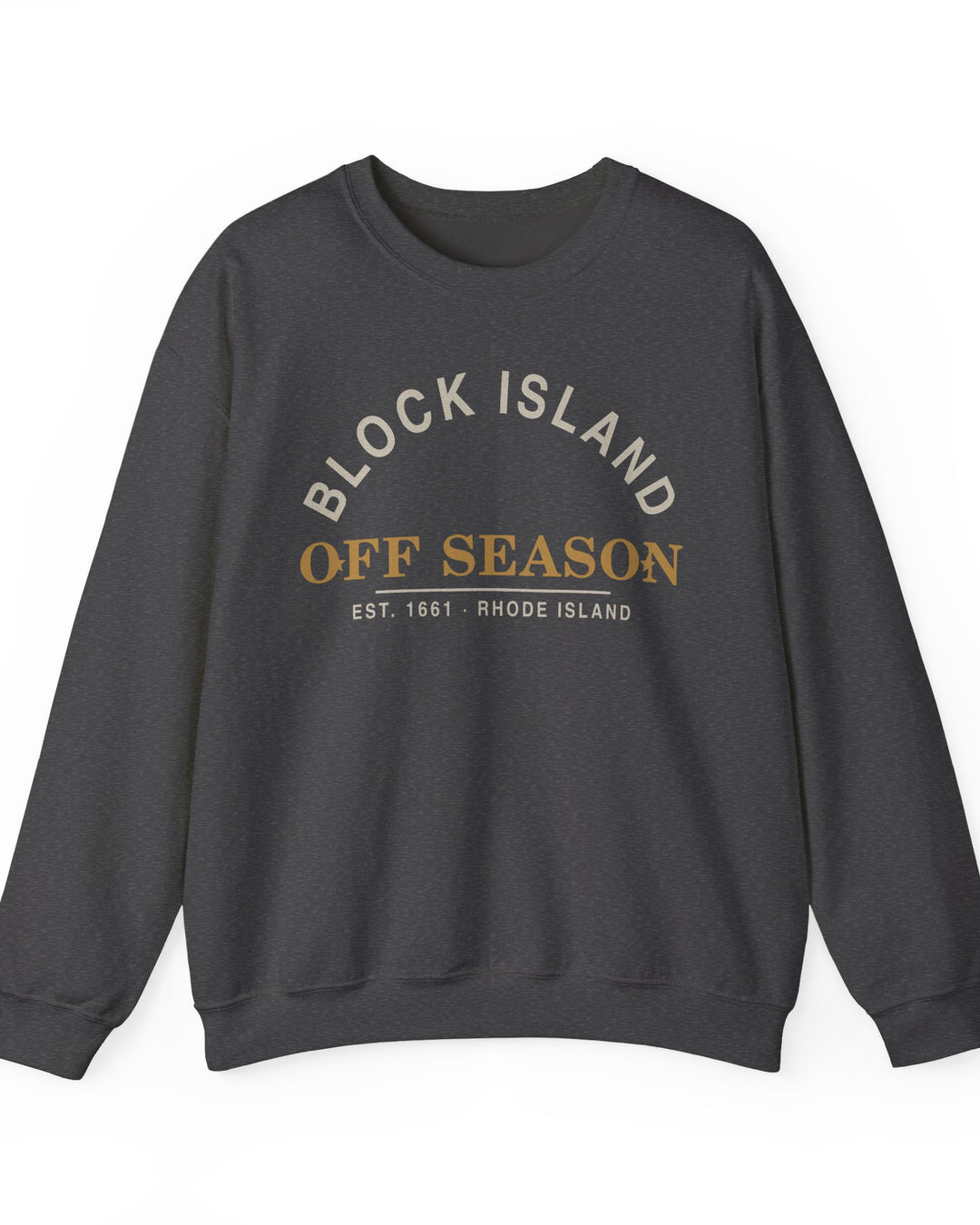 Block Island Off Season Crewneck Sweatshirt in Dark Heather, BlockBoundRI