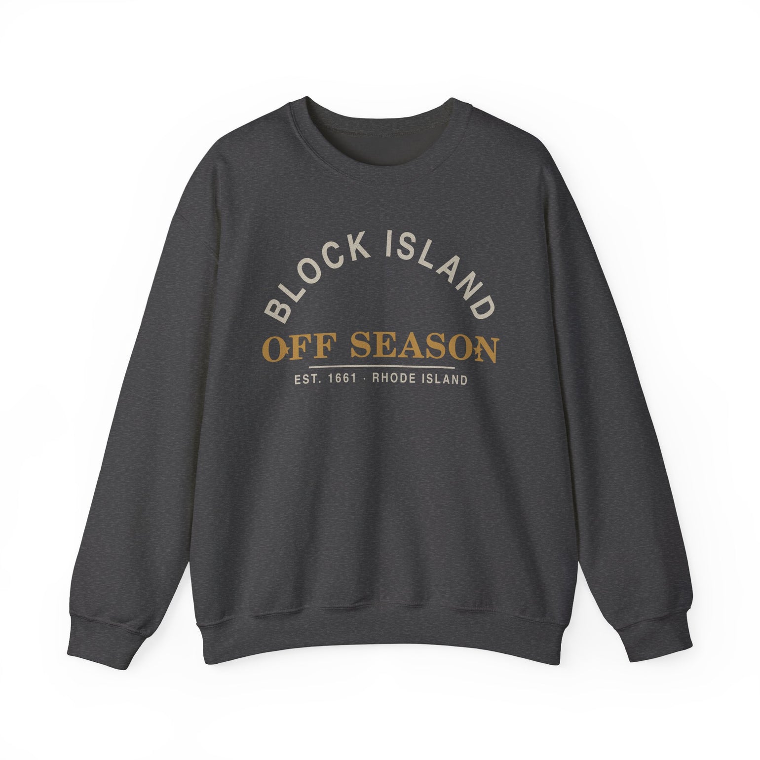 Block Island Off Season Crewneck Sweatshirt in Dark Heather, BlockBoundRI