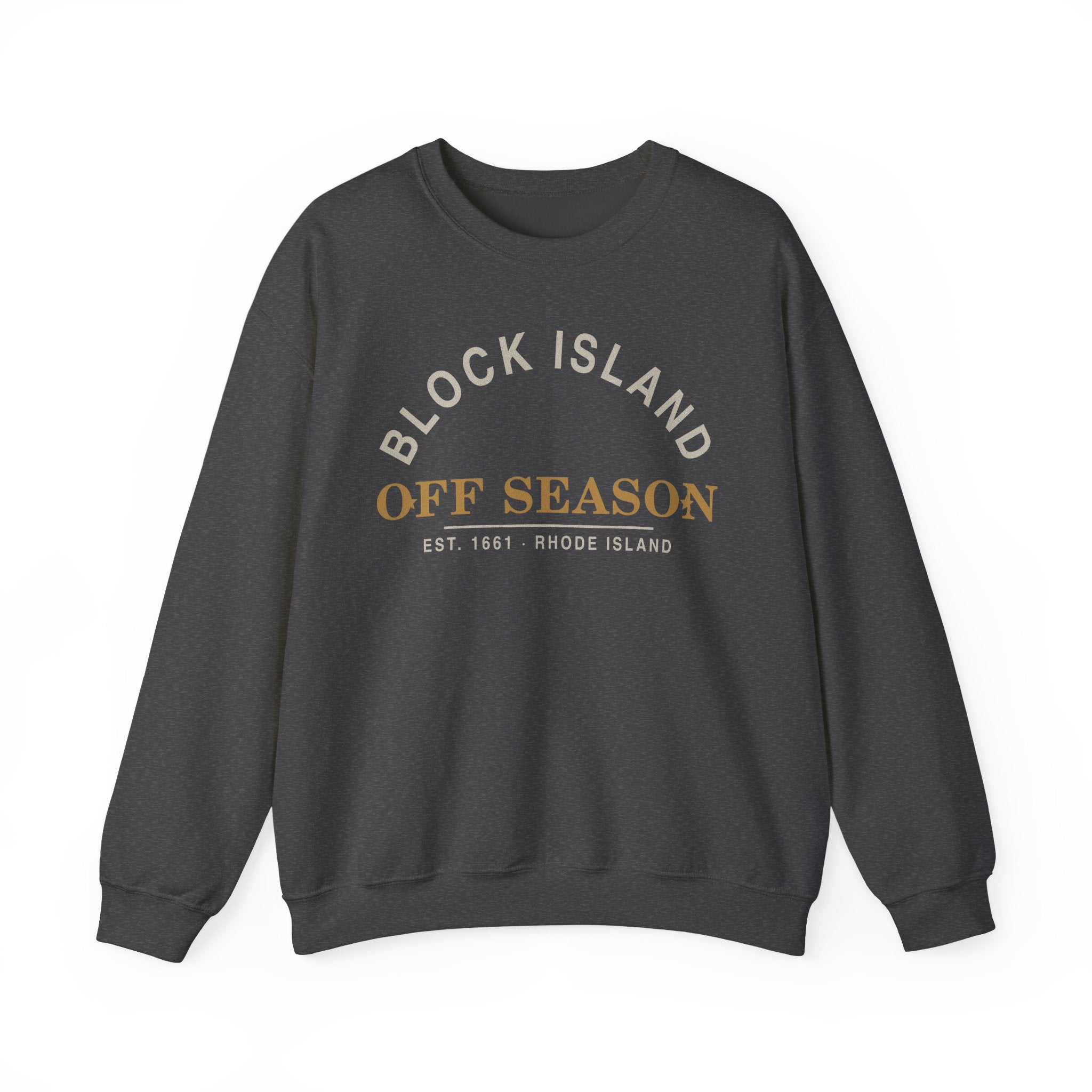 Block Island Off Season Crewneck Sweatshirt in Dark Heather, BlockBoundRI
