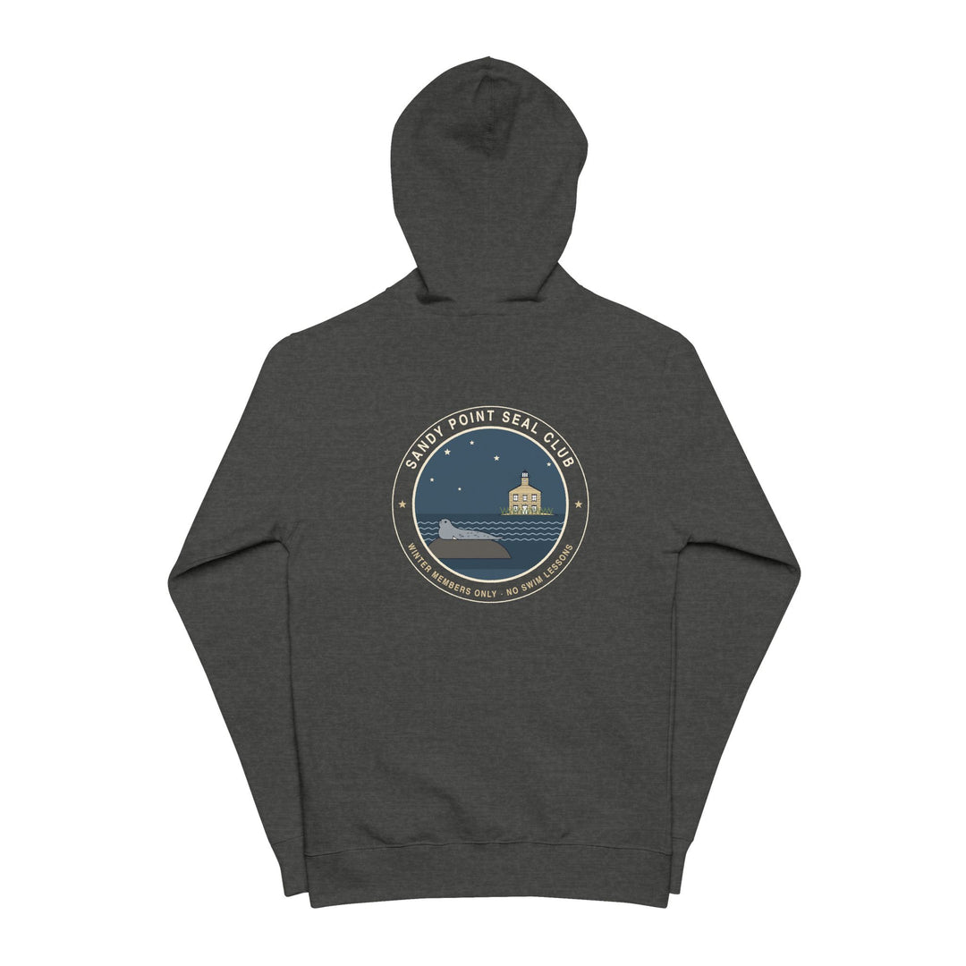 Sandy Point Seal Club zip hoodie back: grey seal on a rock with North Light, Block Island, in a round badge — view 2