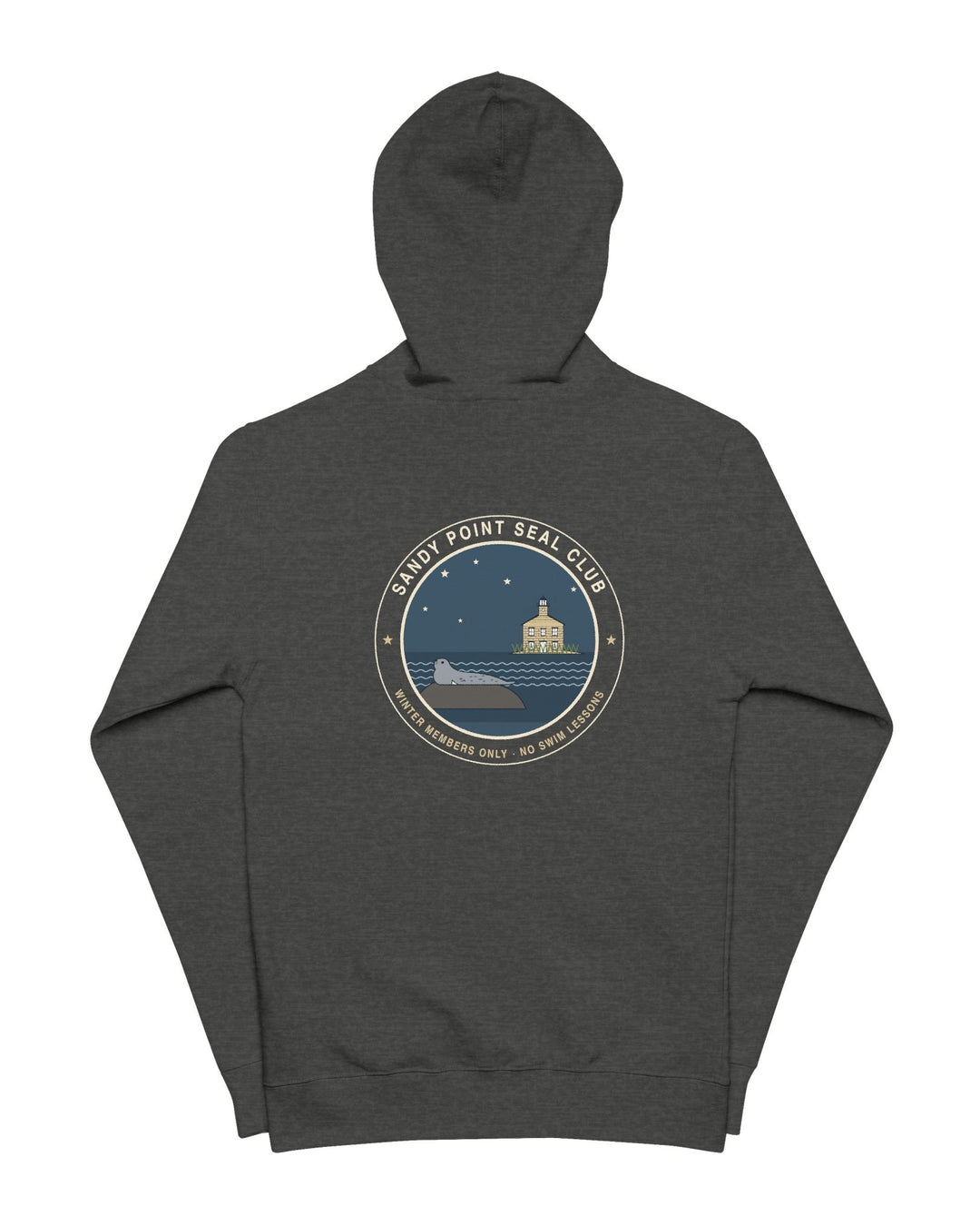 Sandy Point Seal Club zip hoodie back: grey seal on a rock with North Light, Block Island, in a round badge — view 2