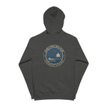 Sandy Point Seal Club zip hoodie back: grey seal on a rock with North Light, Block Island, in a round badge — view 2