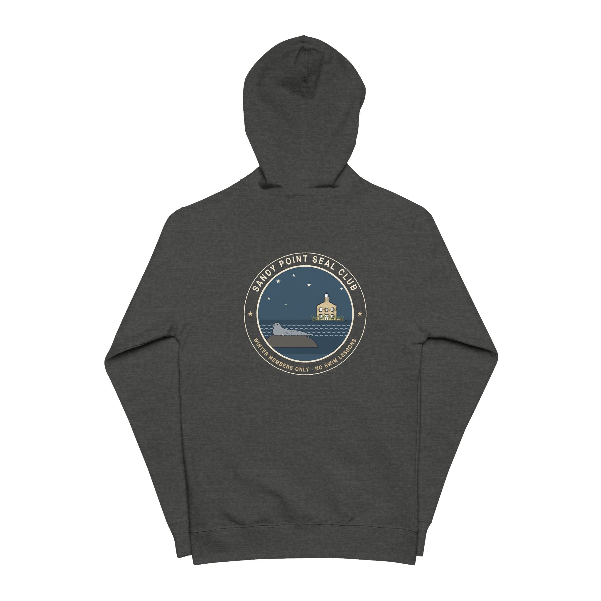 Sandy Point Seal Club zip hoodie back: grey seal on a rock with North Light, Block Island, in a round badge — view 2