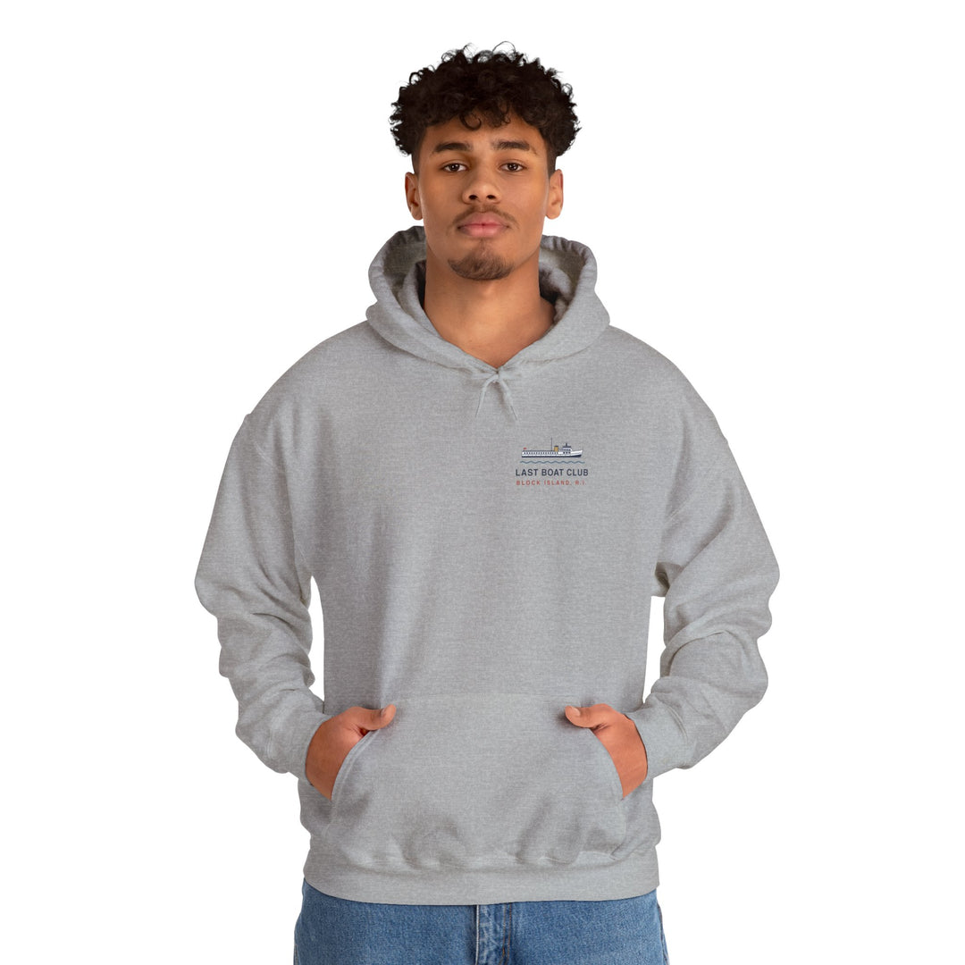 Last Boat Club hoodie: M/V BLOCK ISLAND ferry against a striped sunset, Block Island R.I. — view 38