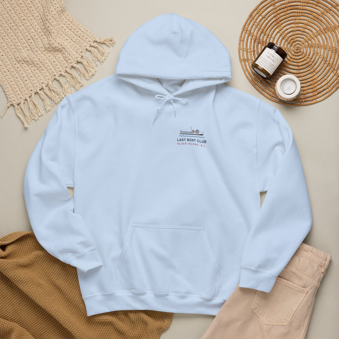 Last Boat Club hoodie: M/V BLOCK ISLAND ferry against a striped sunset, Block Island R.I. — view 47