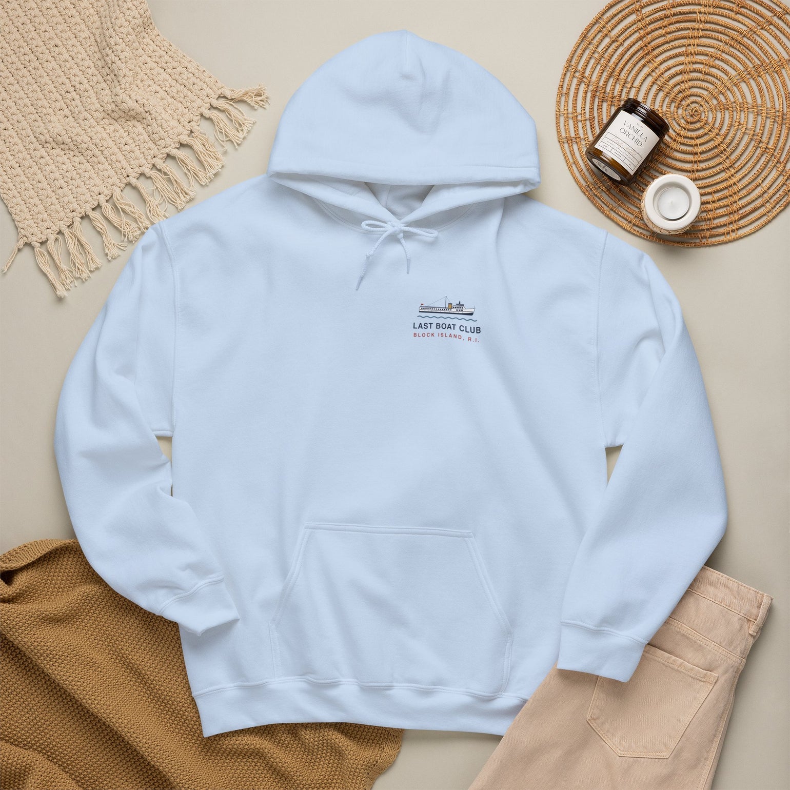 Last Boat Club hoodie: M/V BLOCK ISLAND ferry against a striped sunset, Block Island R.I. — view 47