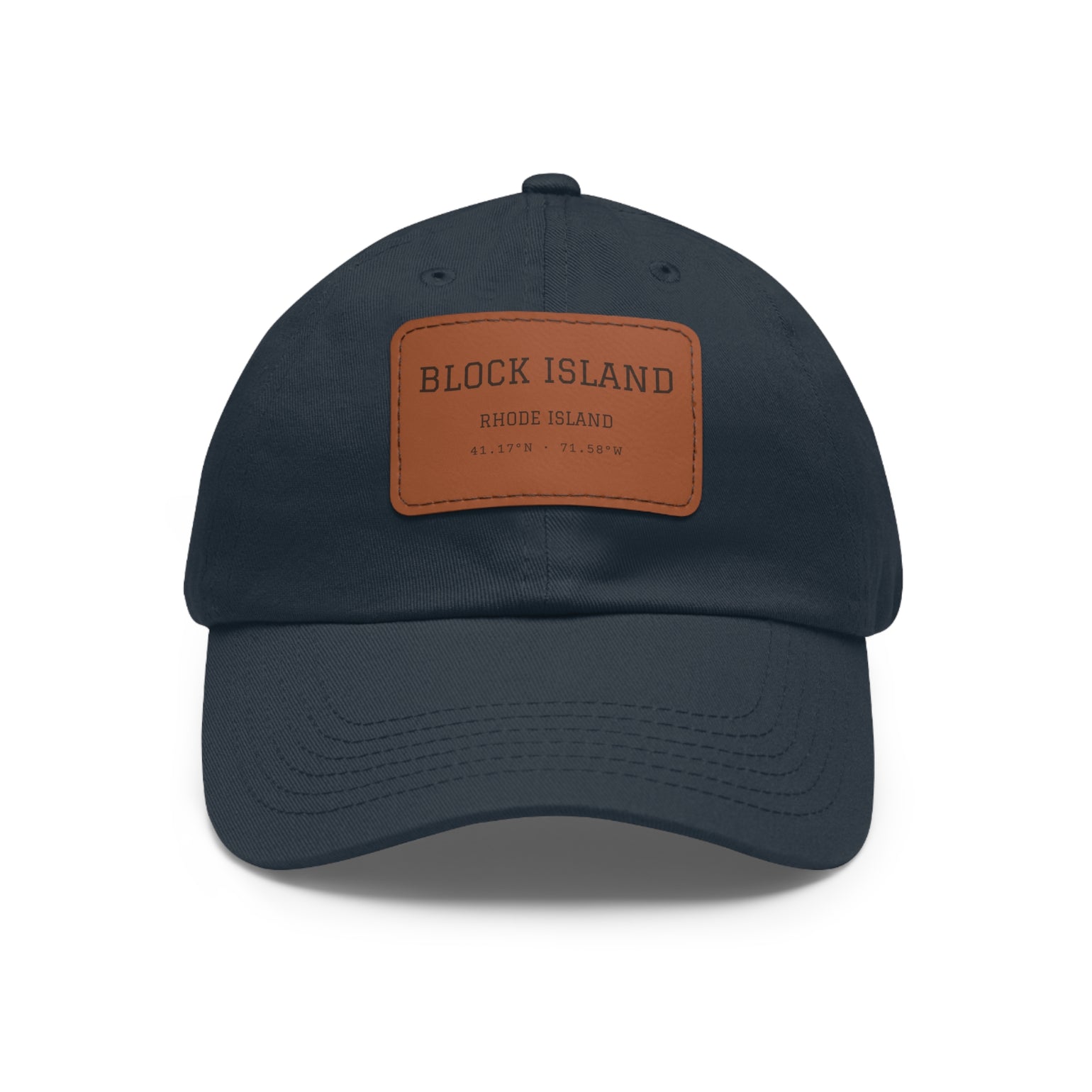 Block Island Coordinates Leather Patch Hat in Navy / Light Brown patch, BlockBoundRI