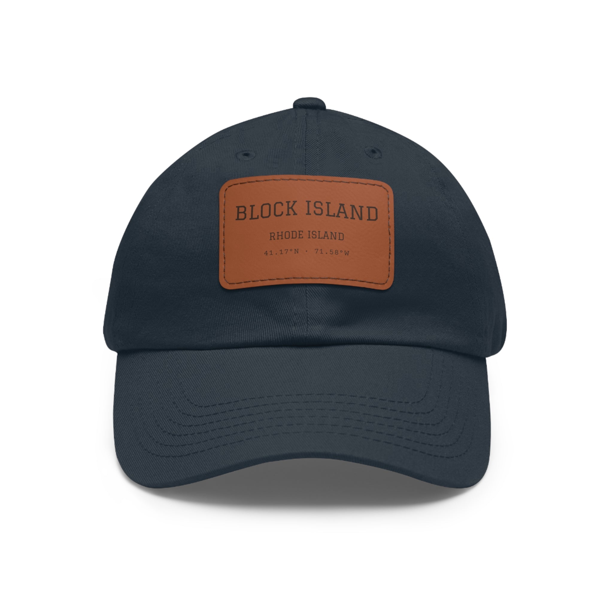 Block Island Coordinates Leather Patch Hat in Navy / Light Brown patch, BlockBoundRI