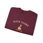 Crewneck sweatshirt with BLOCK ISLAND embroidered in arched varsity letters over a stitched Block Island map and RHODE ISLAND