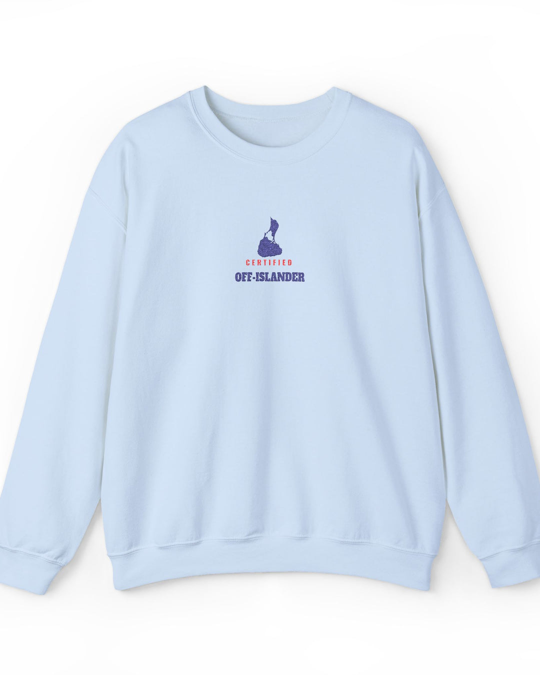 Certified Off-Islander embroidered Block Island crewneck sweatshirt in Light Blue - BlockBoundRI
