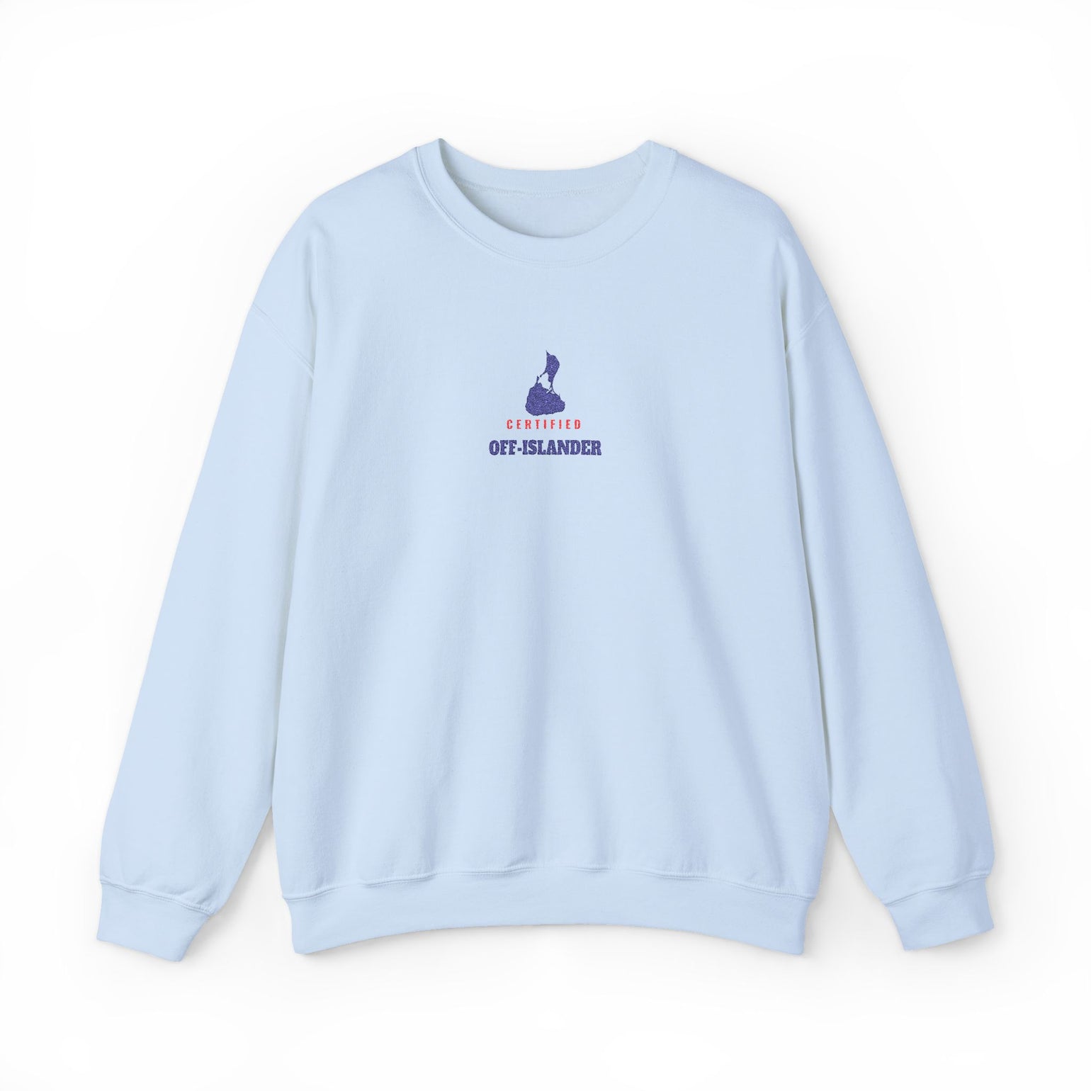 Certified Off-Islander embroidered Block Island crewneck sweatshirt in Light Blue - BlockBoundRI