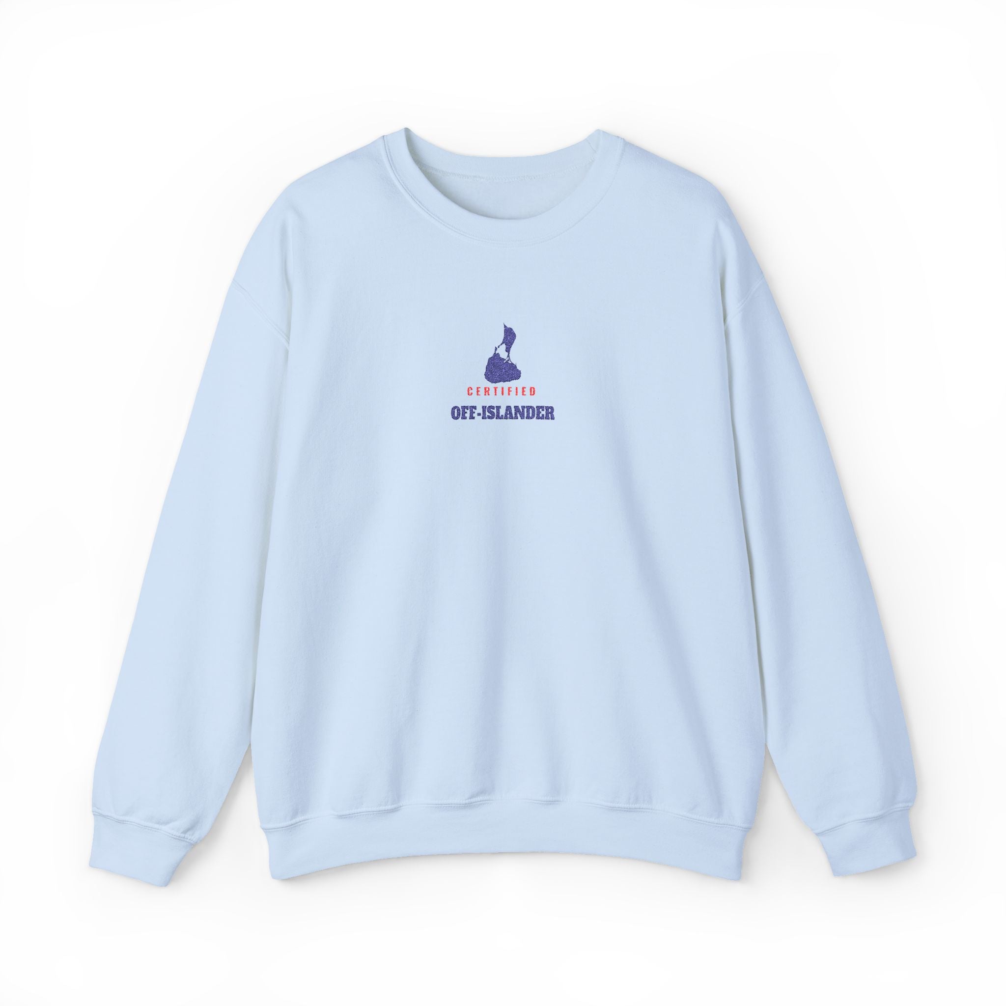 Certified Off-Islander embroidered Block Island crewneck sweatshirt in Light Blue - BlockBoundRI